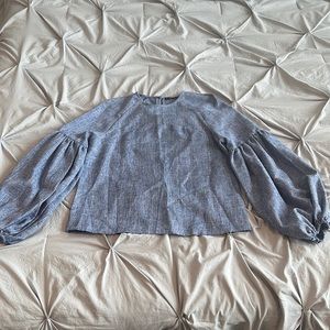 SHEIN Blue Cambray Long Puff Sleeve Crew Neck Blouse